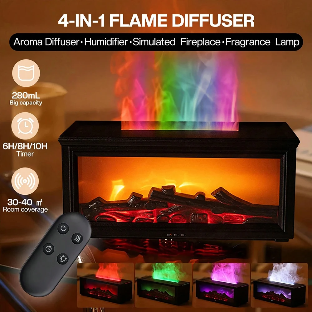 Diffuseur d'huiles essentielles avec effet de flamme de cheminée réaliste
