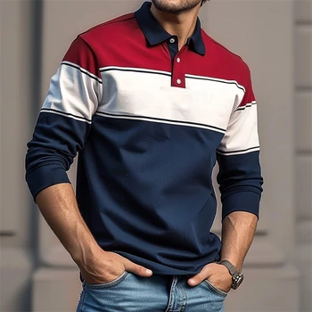 Polo da uomo con grafica a righe alla moda semplice Polo da golf a maniche lunghe stampata in 3D retrò casual Top da lavoro larghi e traspiranti