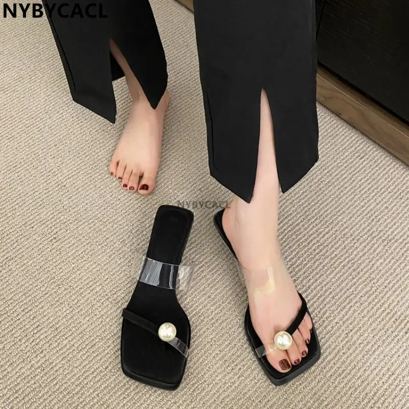 

Summer New Style Black High-heeled Sandals Women's Square Toe Fashion All-match Sexy Pearl Women's Shoes Fine with Thong Sandal