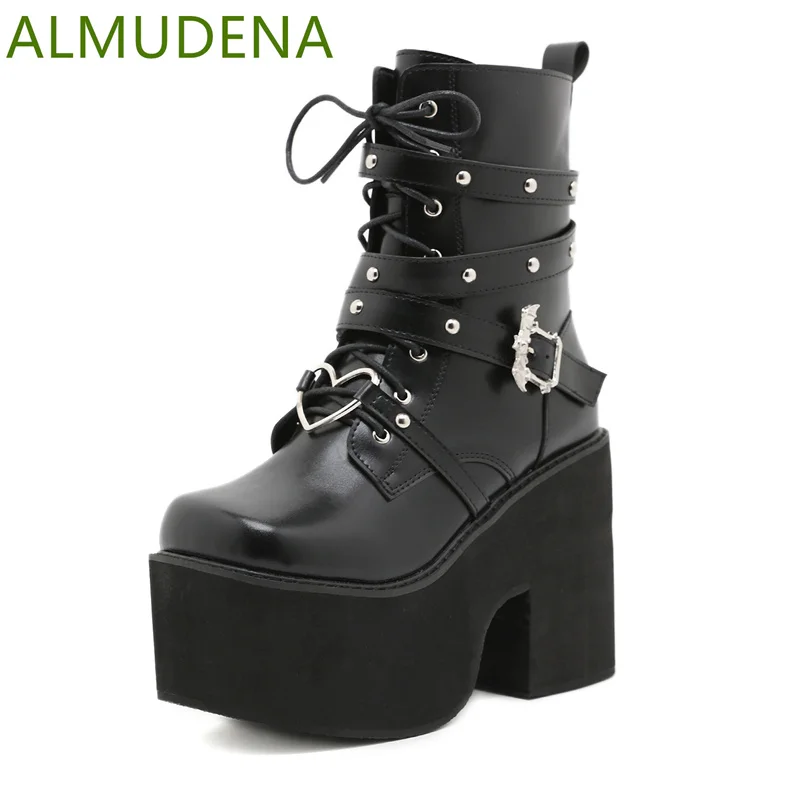 

Women Solid Side Zip Boots Lace Up Narrow Band Metal Buckle Decor Thick Soles Square Heels Shoes Leisure Punk Rock Style Shoes