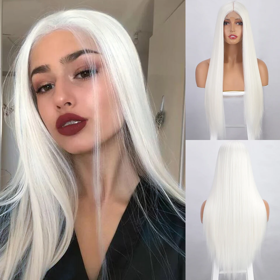 It's a wig Long White Straight Wig Synthetic Middle Part Wigs for Women Heat Resistant with Daily Party Use