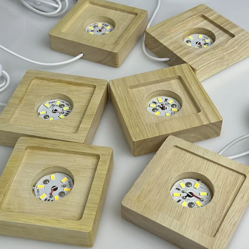 7 Color Light Square LED Lights Wooden Lighted Base Stand Lasers Crystal Glass DIY Night Lighted Base Resin Art Ornament