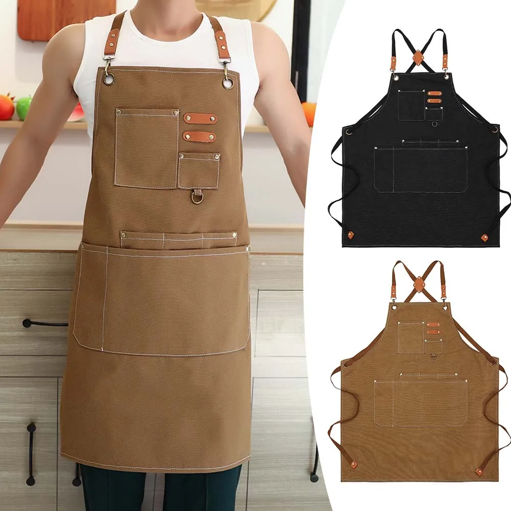 

Водонепроницаемый брезентовый кухонный фартук для дома и улицы с регулируемыми ремешками, для приготовления официанта, несколько карманов, для хранения инструментов