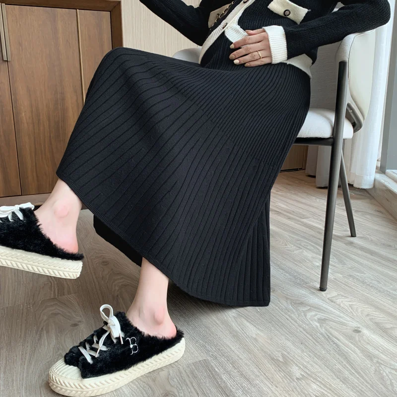 Winter Pregnant Women High Waist Belly Skirts Fashion Knitted Skirts Adjustable Waist Long Loose Maternity Empired Pleated Skirt