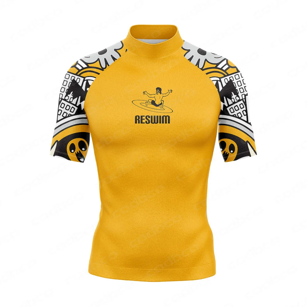 Mens Rash Guards Swimsuit Swimming Surf T-shirt Beach Sun UV Protection Swimwear Short Sleeve Surf Diving Bathing Suit Rashguard
