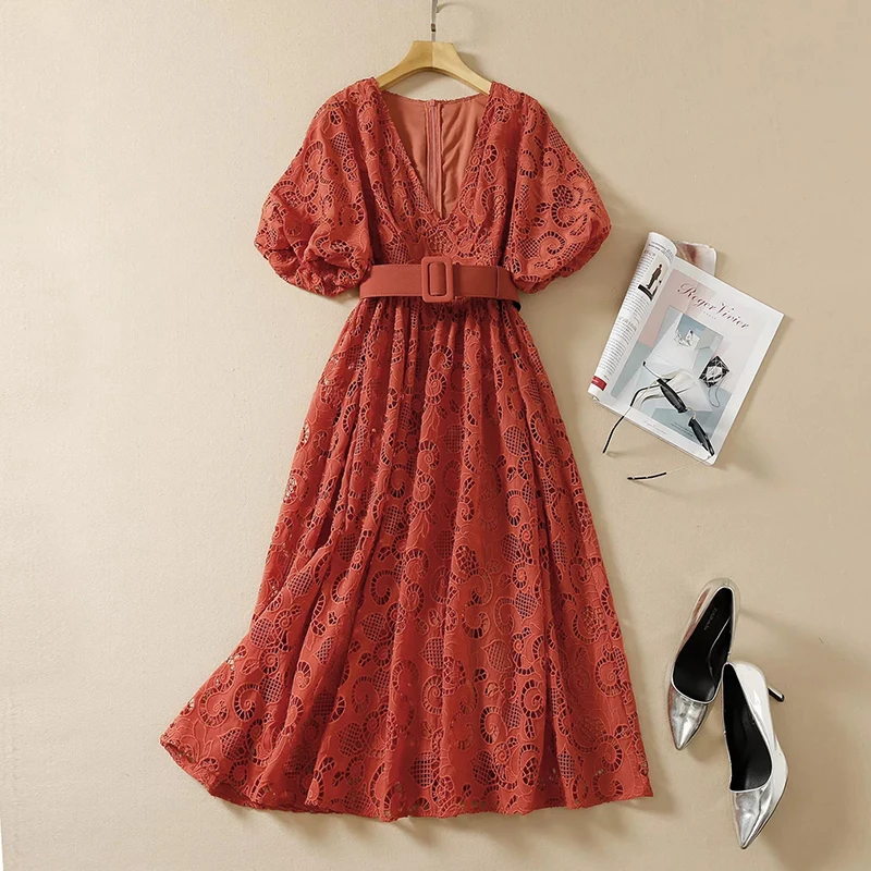 

MIUXIMAO 2022 High Quality Spring&Summer Elegant Dress Short Sleeve V-Neck Embroidery Lace Fashion Dress Women Vestides