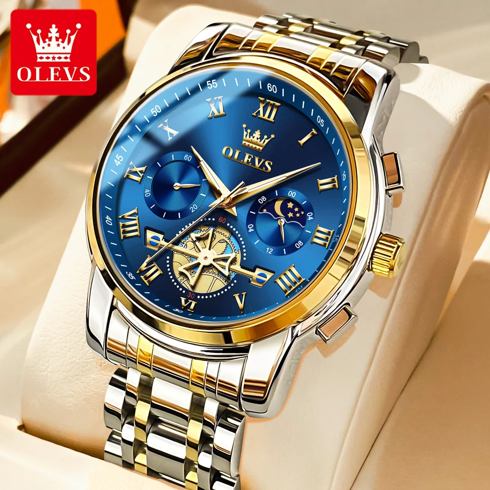 OLEVS Watch for Men Luxury Stainless Steel Men's Watches Roman Scale Dial Original Quartz Chronograph Wristwatch Reloj de Hombre olevs 9906 roman scale quartz watch for men diamond luxury dual calendar man wristwatch waterproof stainless steel watches gift