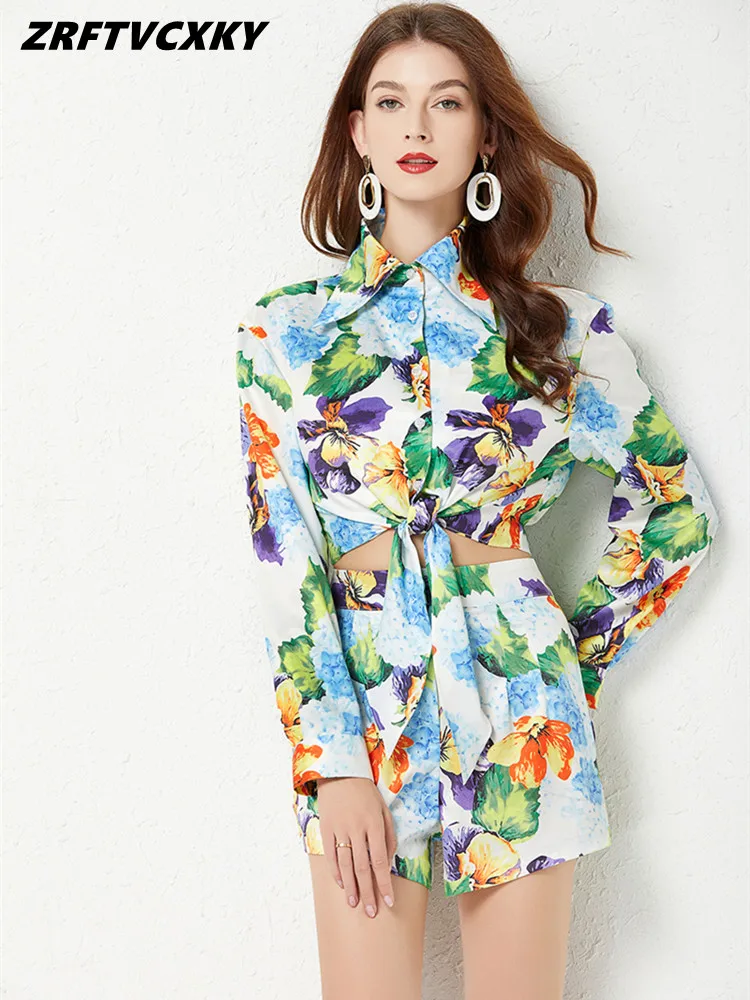 

ZRFTVCXKY 2022 Summer Shorts Suit Runway Women Long Sleeve Floral Cotton Blouse Shirt And Fashion Shorts Vacation Two Pieces Set