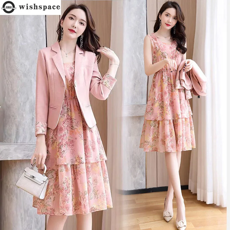 2022 Summer New Elegant Women's Skirt Set Office Blazer Flower Chiffon Dress Two-piece Set Friends Party Dresses Outfits