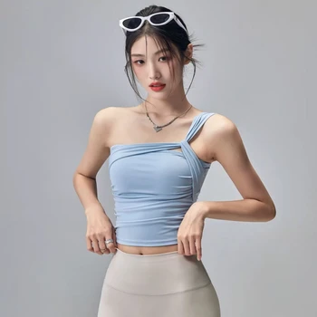 Women's Single Shoulder High-Impact Sports Bra Shock-Absorbing Fixed Cup Yoga Bras Fitness Vest Top for Running Underwear