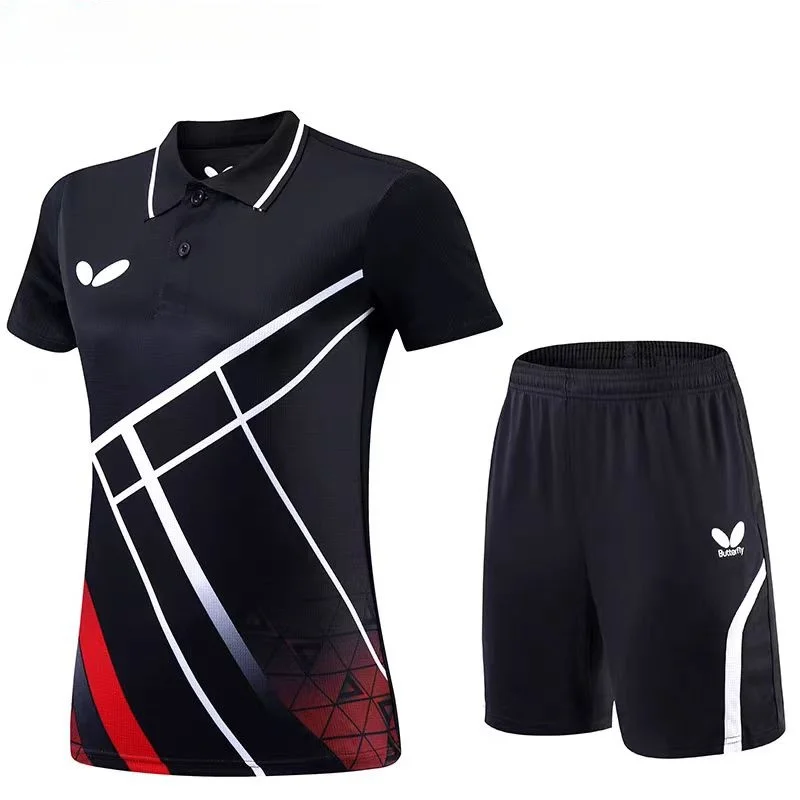 Custom butterfly men's and women's table tennis T-shirt shorts quick drying breathable lapel badminton training clothes
