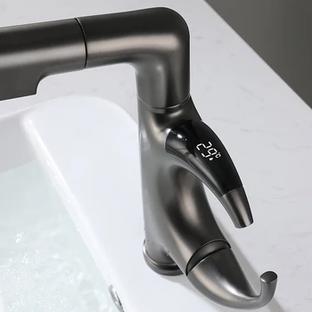 ก๊อกน้ำห้องน้ำแบบแปรงขัดเงา ดีไซน์สร้างสรรค์แบบดึงออกได้ พร้อมแขนหุ่นยนต์อัจฉริยะ จอแสดงผลดิจิตอล ก๊อกน้ำแบบยืดหดได้ น้ำร้อนน้ำเย็น รุ่น G3/8G2/1 2