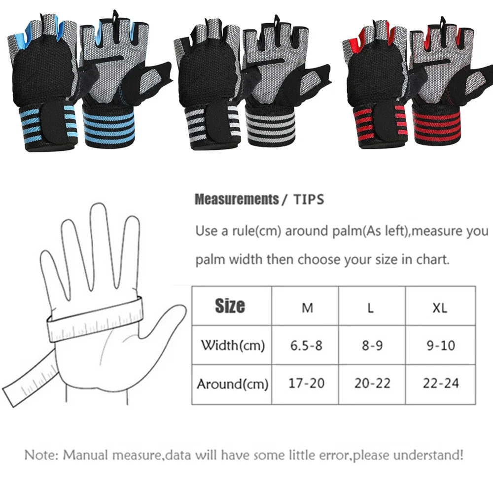 1Pair Half Finger Gym Fitness Gloves with Wrist Wrap Support for Men Women Crossfit Workout Power Weight Lifting Equipment 2