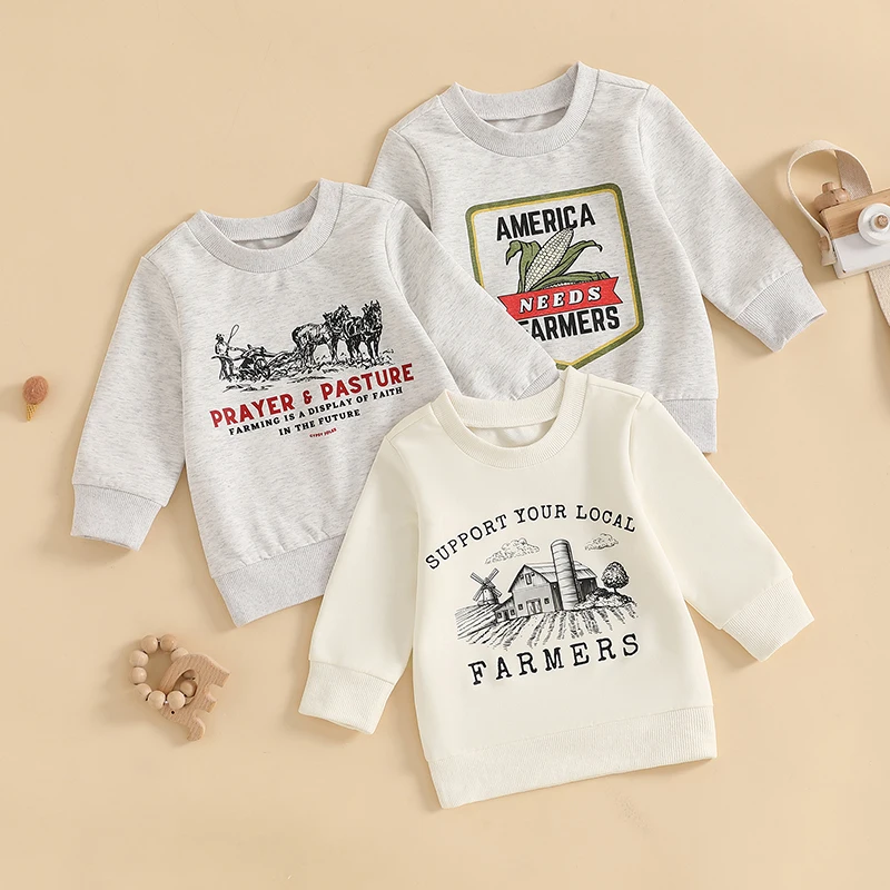 Toddler Boy Girl Fall Sweatshirt Letter Corn/Letter Animal Print Long Sleeve Round Neck Pullover Loose Top