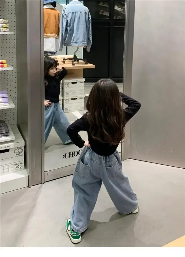 Neue Frühling Herbst Mädchen Anzug Koreanischen Stil Bodenbildung Shirt Top + Casual Jeans Mädchen Breite bein Hosen Loungewear – Detail 10