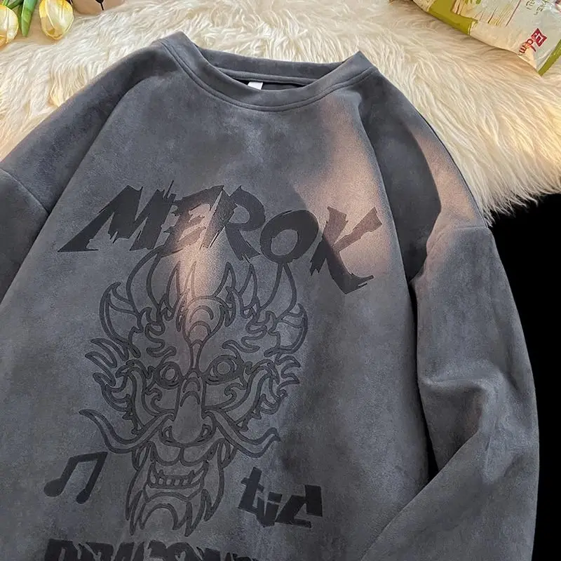 Dragon Graphic Sweatshirt Men Harajuku Hoodies O-Neck Long Sleeve Tops Suede Fabric Mens Women Pullovers Streetwear Unisex