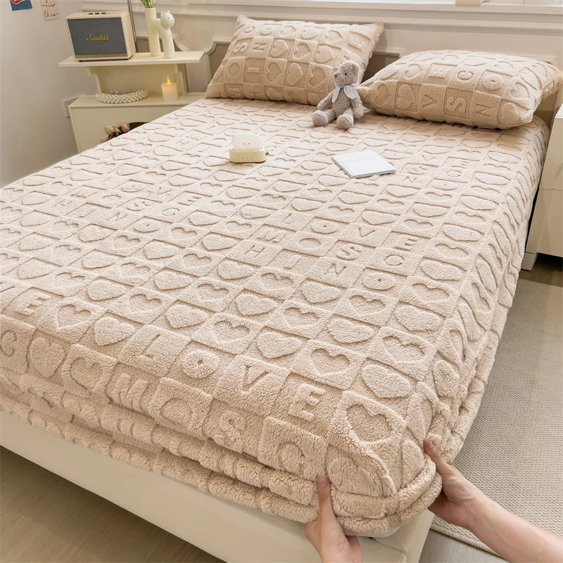Warm Velvet Fitted Bed Sheet With Elastic Band Heart Mattress Protector Cover Taffeta Bedspreads for Single Double Bedsheet 5