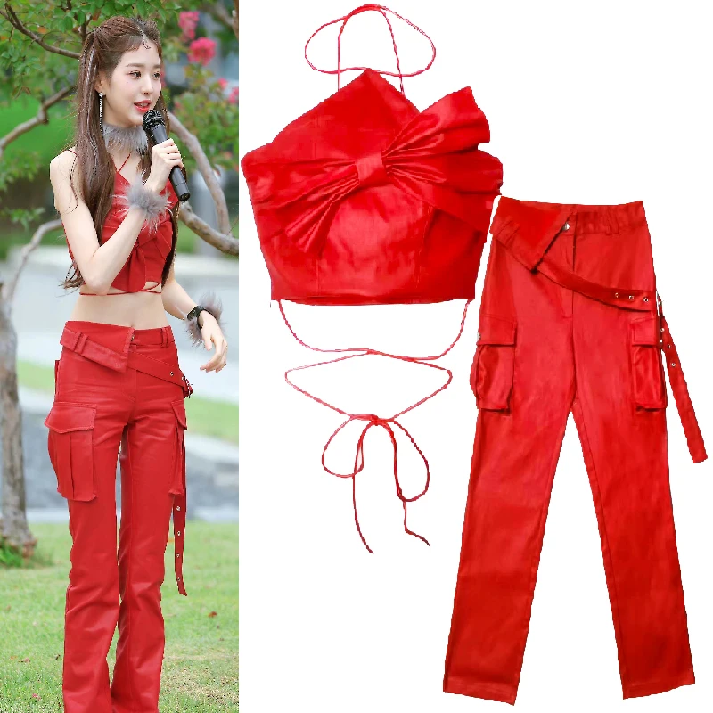 Kpop Korean Singer New Jazz Dance Sexy Red Halter Sling Vest Crop Tops + Hip Hop High Waist Straight Pants Women Two Piece Set дамы без рукавов летний пляж сексуальный кружевной комбинезон halter sling комбинезон