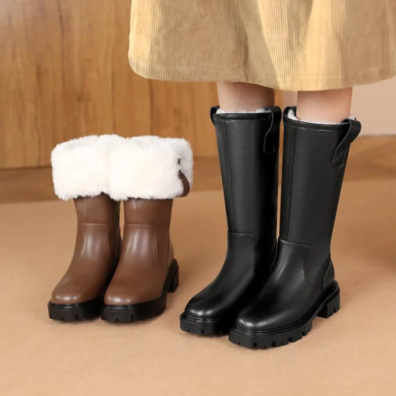 

2022 new European winter boots natural leather warm snow boots 22-25cm Fur one upper cowhide+wool mid-calf boots platform boots
