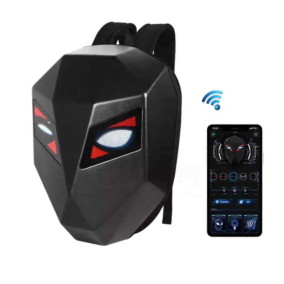 

LED Backpack Waterproof Hard Shell DIY cool mask eyes motorcycle Riding knight black led screen display backpack for man boys