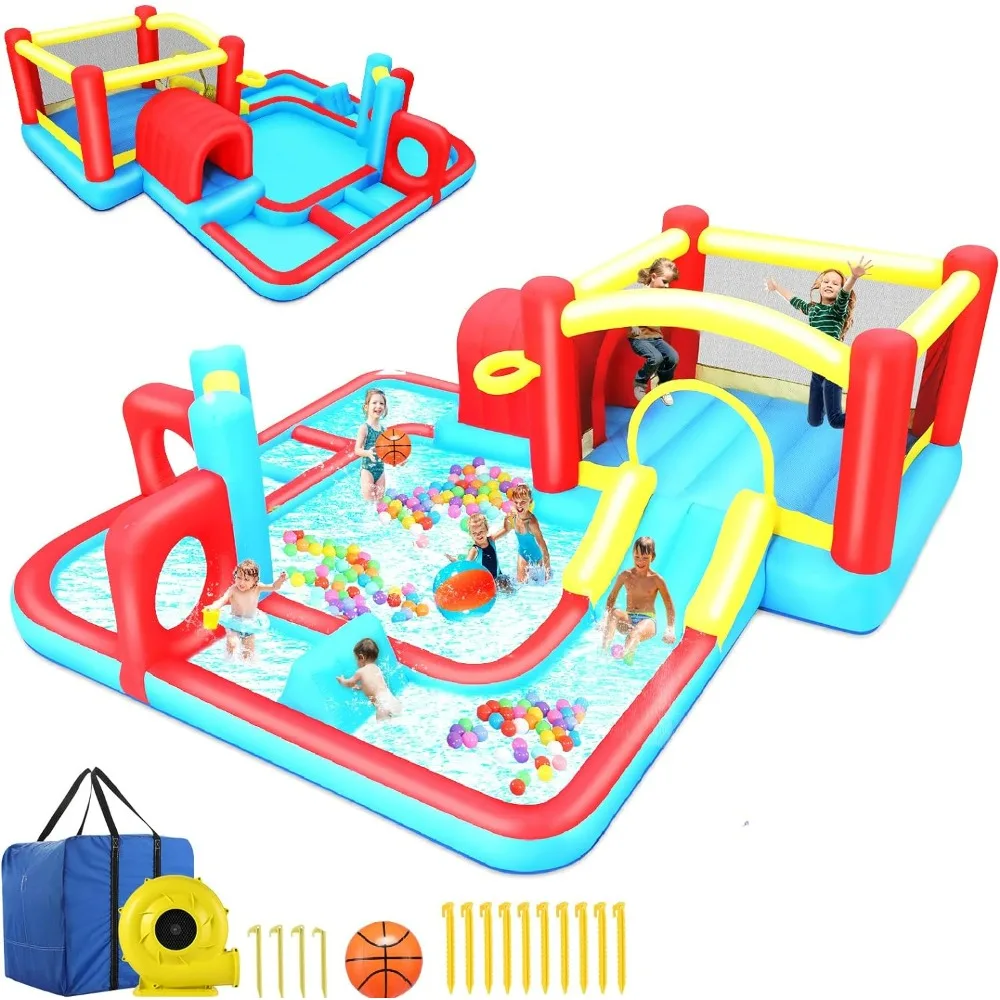 

Inflatable Obstacle Bounce House Water Slides, Extra Large Waterslide Jumping Castle with Kids Swimming Pool, Water Slides