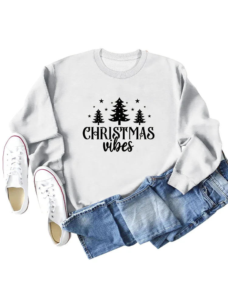 Tree printed Pullover loose fashion long sleeved shirt for women Solid Color Printed Sweater Christmas Elements Loose Fit