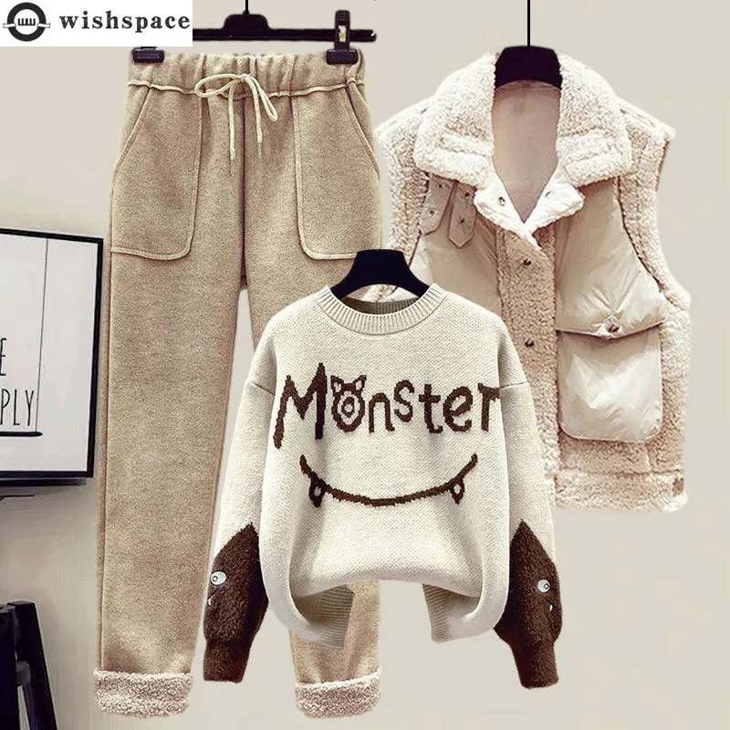 2022 Winter New Cashmere Vest Coat Embroidery Knitted Sweater Casual Trousers Three Piece Elegant Women's Pants Set Outfit