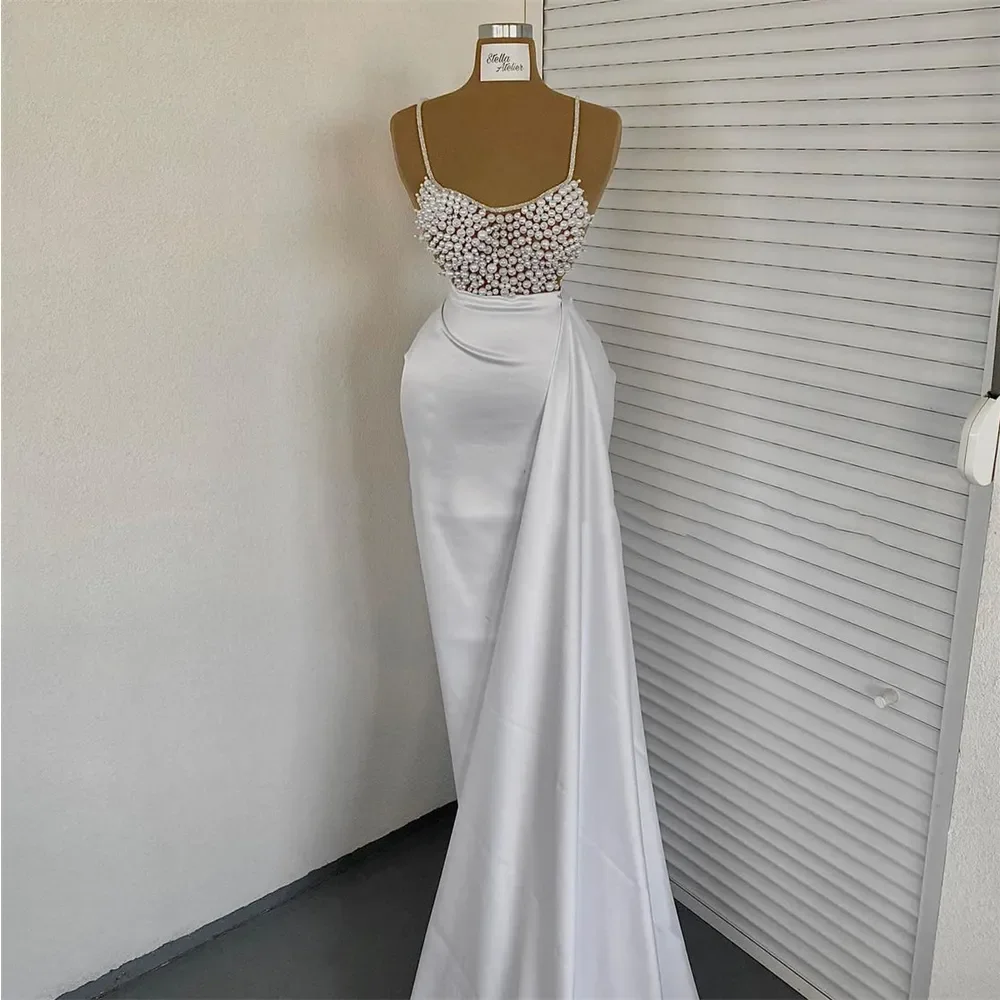 

Exquisite Spaghetti strap Sheath Prom Dresses Beading Vertically Satin Floor length فساتين للحفلات الراقصة high quality vestidos