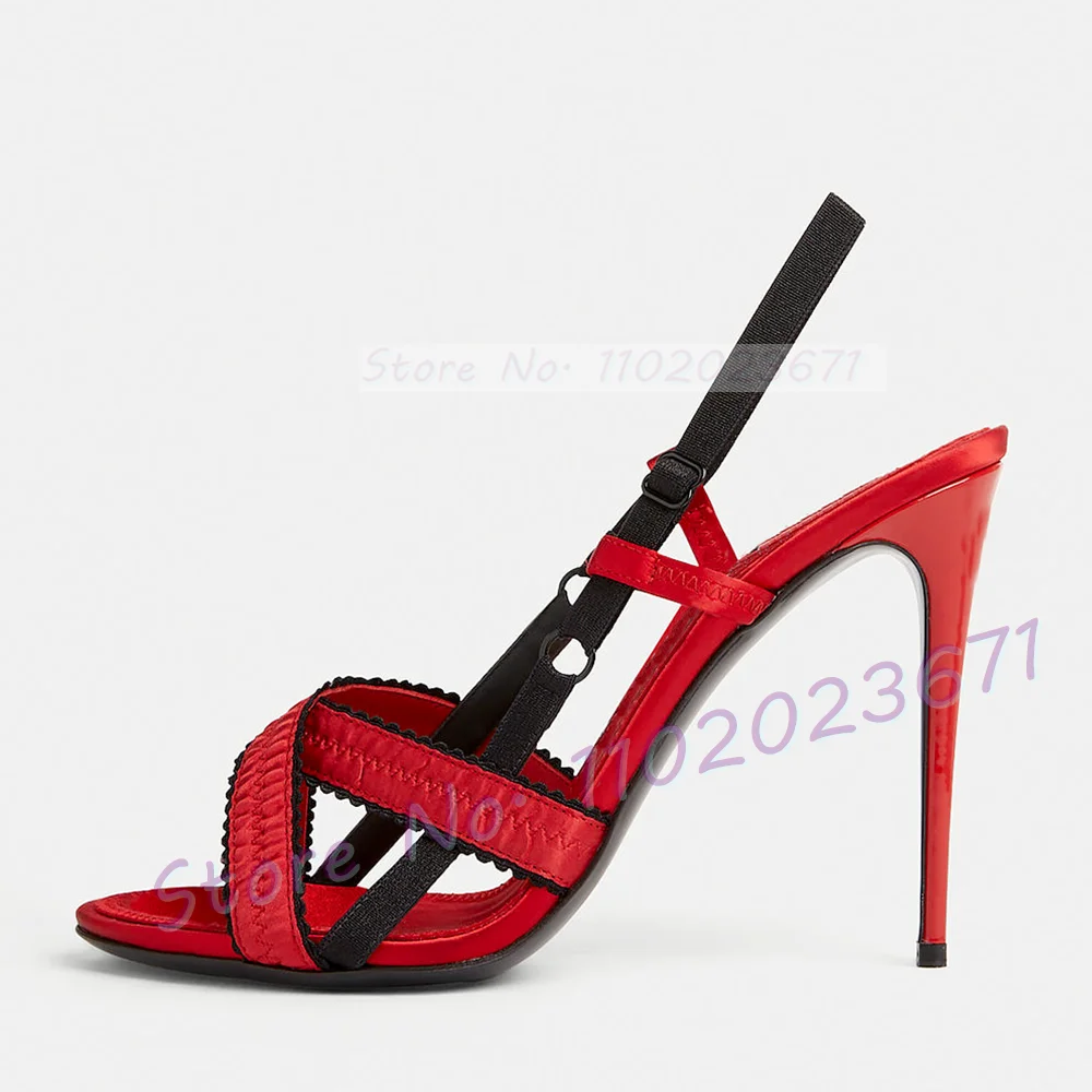 

Red Ruffled Ribbon Satin Sandals Women Thin Cross Strap Corset-style Slingback Shoes LadyFashion Party High Heels Dress Sandals