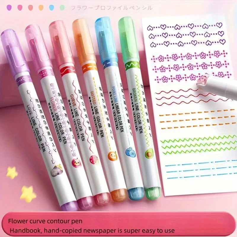 Highlighter Pen Roller Tip Curve Liner Marker 6Pcs/Set
