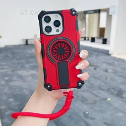 Rugged Magnetic Shockproof Case with Foldable Stand and Wrist Strap for iPhone 17 Pro (Red)