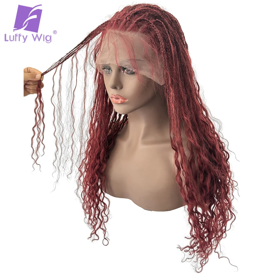 Human Hair Braided 99J Burgundy Red Full Transparen Lace Wig Pre Pluched Goddess Knotless Boho Braids Curly 300Density Wigs