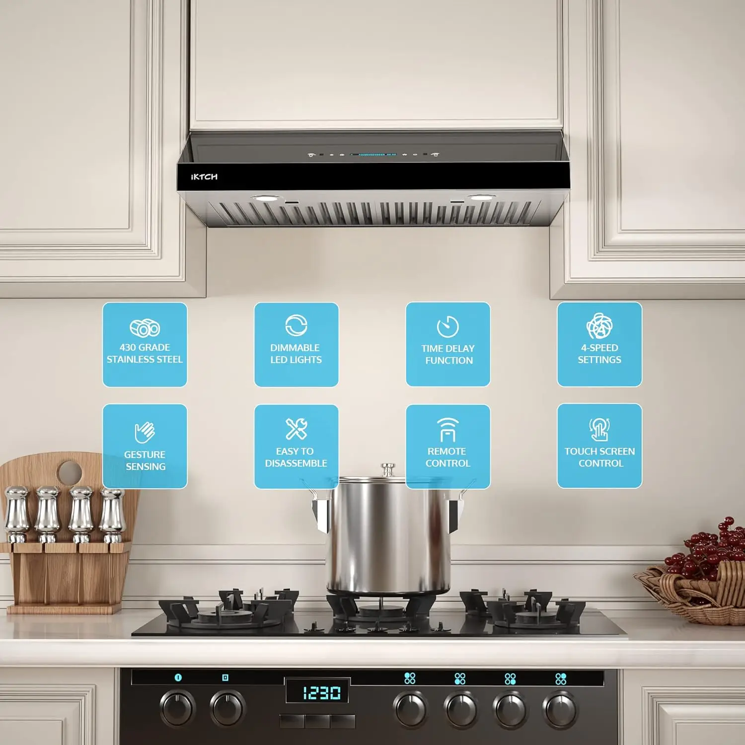 30"Under Cabinet Range Hood,  Range Hood with 4 Speed Fan, Black Stainless Steel & Tempered Glass R 5