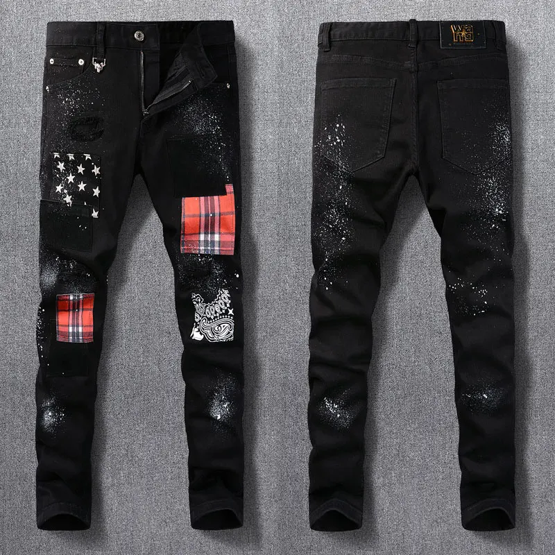 Streetwear Fashion Men Jeans Black Color Elastic Slim Fit Painted Ripped Jeans Men Patches Designer Hip Hop Denim Pants Hombre new men jeans jacket mens bomber jackets men hip hop man vintage denim jacket coat streetwear chaqueta hombre s xl xxl