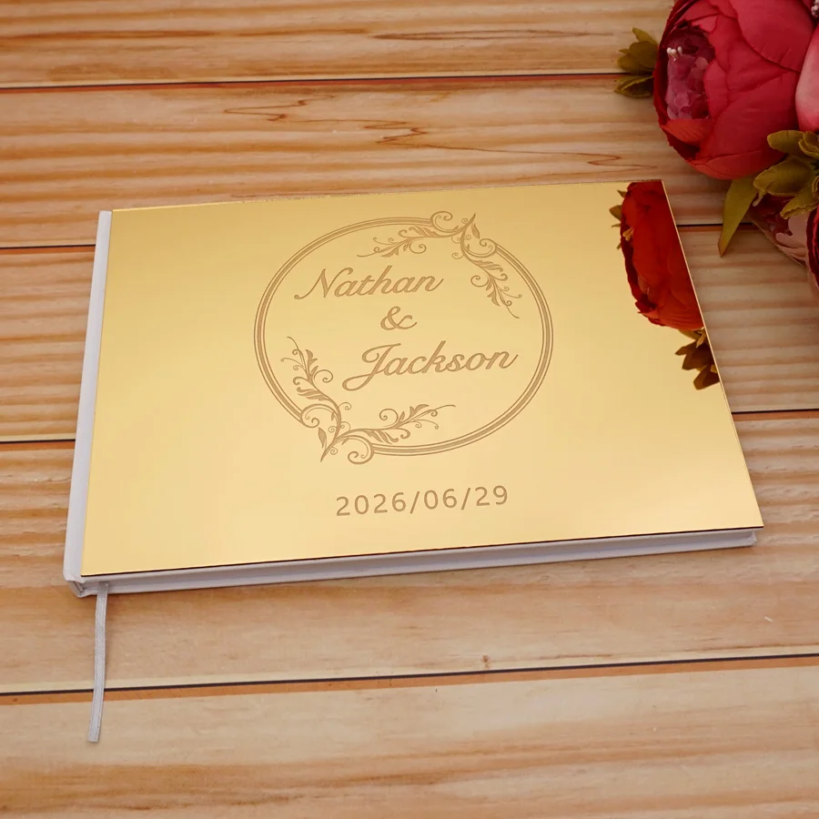 Wedding Guest Book Acrylic Mirror Cover Personalized Engraved Newlyweds Name&Date Wedding Signature Reception Book 25x18cm