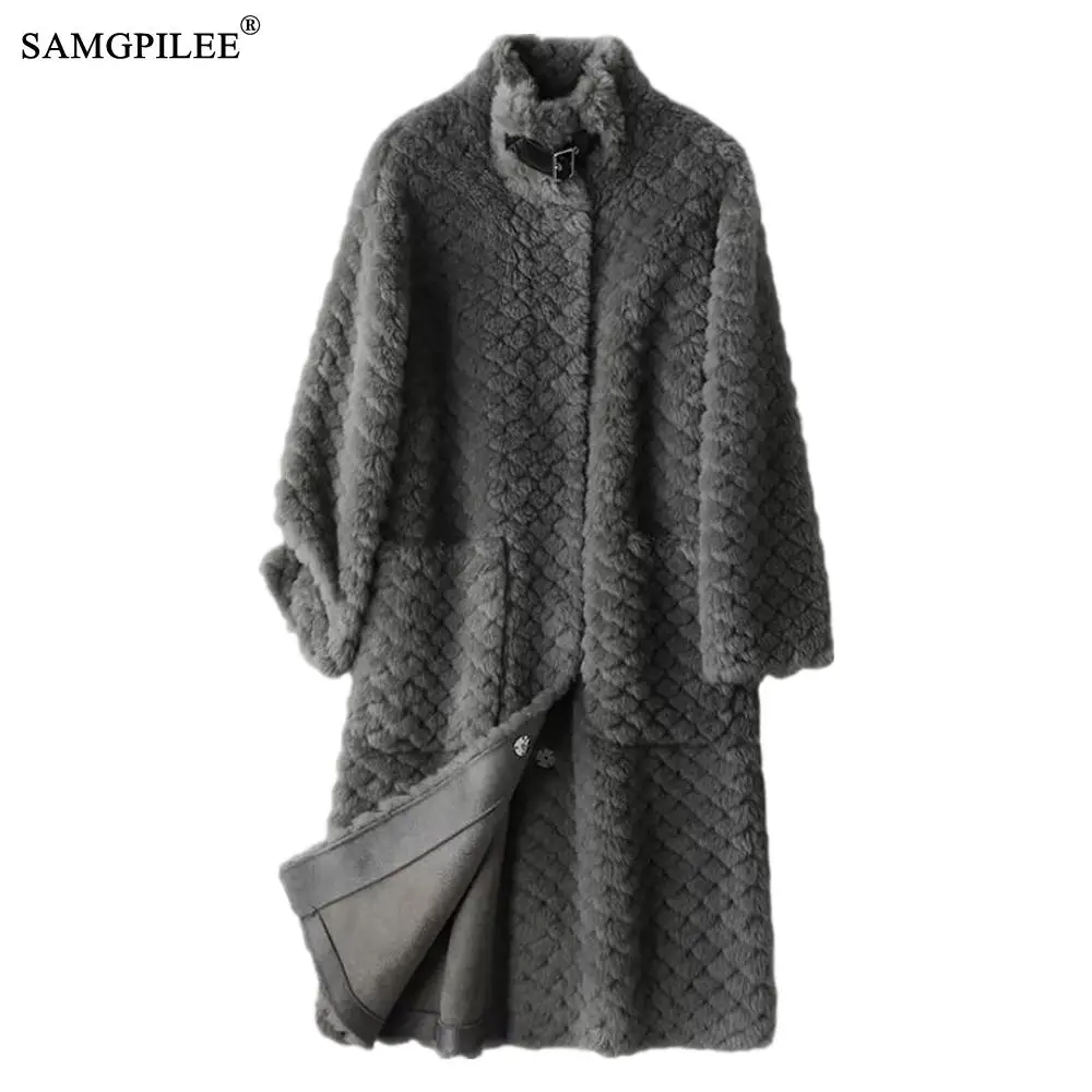 

Real Fur Coat High Quality Womens Natural Wool Coats With Cap Thick Warm Elegant Loose Large Size Long Outwear For Women