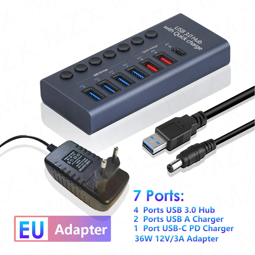 Premium Aluminum USB 3.0 Hub with Multiple Ports and Switch Adapter