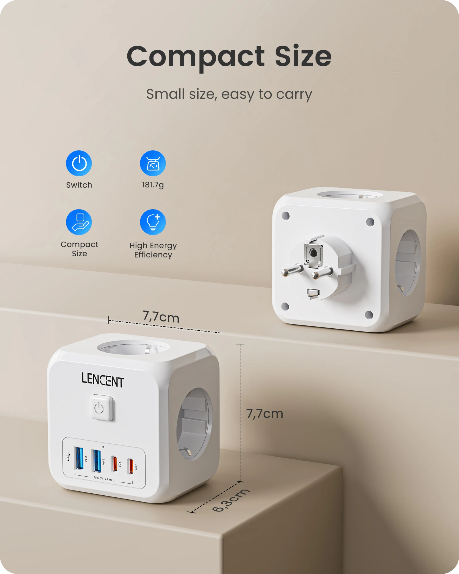 LENCENT 7-in-1 EU Plug Wall Socket Extender with 3AC Outlets+ 2 USB-A+2 USB-C Cube Socket On/Off Switch Adapter for Home BEST SELLERS