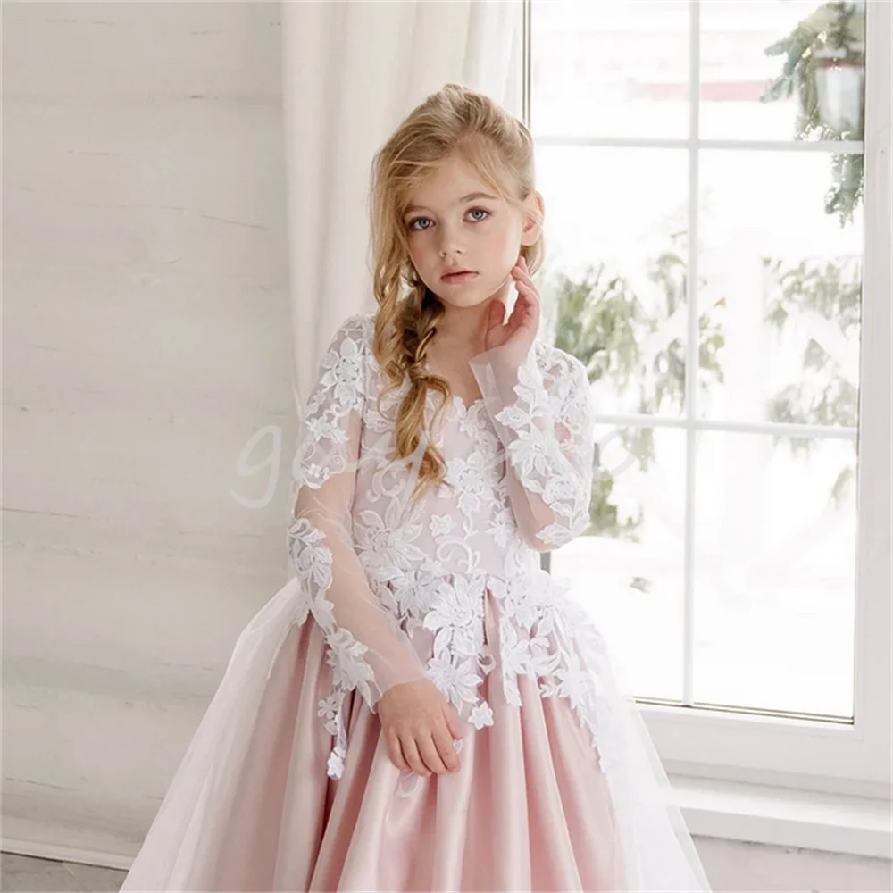 

Long Sleeve Lace Ball Gown Flower Girl Dresses For Wedding Sweet Soft Tulle Girls Princess Communion DressessA