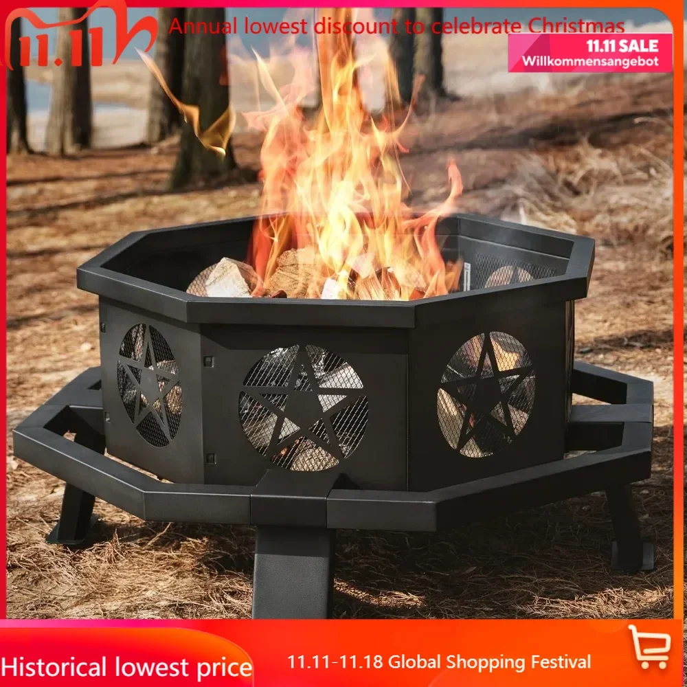 35 inch Fire Pit, Outdoor Fire Pit Wood Burning Pits with Cooking Grill, Large Firepits for Outside Octagonal Heavy Duty