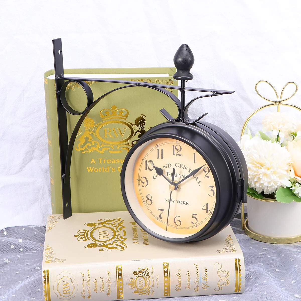 

Clock Wall Retro Double Decor Sided Hanging Clocks Vintage Iron Home Outdoor Round Station Large Rustic Garden Digital Train