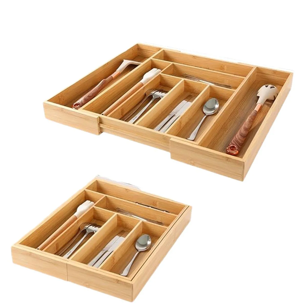 Bamboo storage box expandable knife and fork dividing and organizing box, drawer style cutlery storage boxes 2