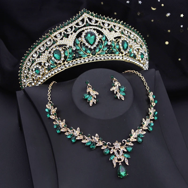 Luxury Bride Crown Jewelry Sets for Women Red Tiaras and Necklace Earrings Set Party Prom Bridal Wedding Jewelry Set Accessory