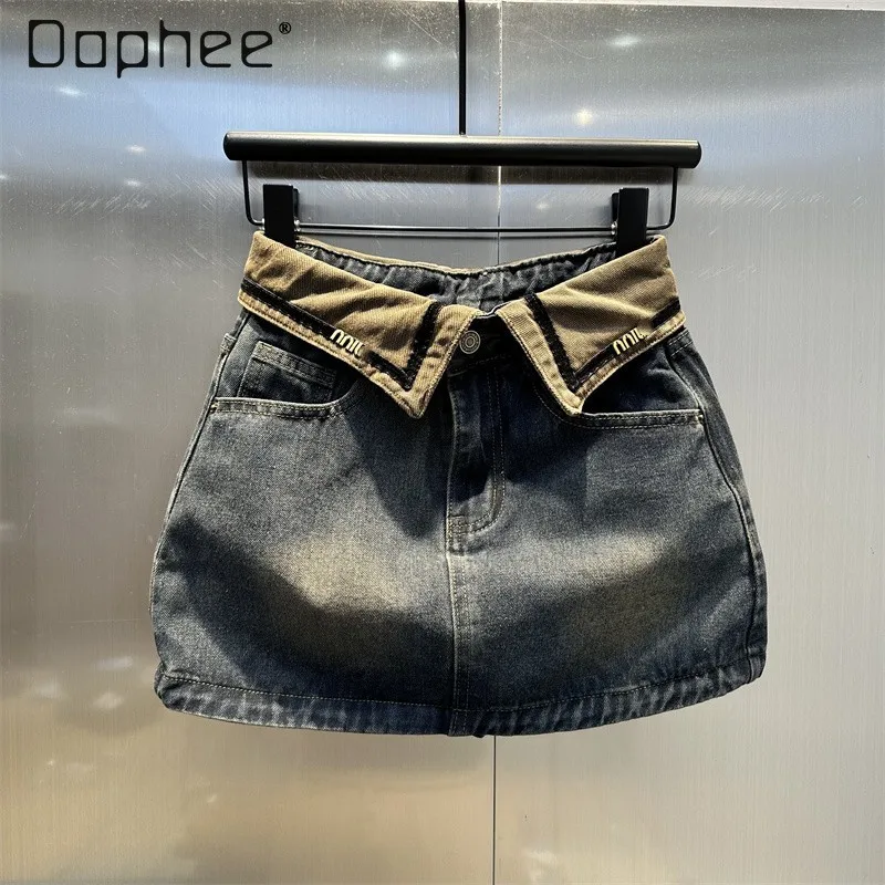 High Waist Contrast Color Short Jean Skirt Female 2024 Early Spring New Streetwear Woman Faded Gray A- Line Sheath Denim Skirts faded peony супница