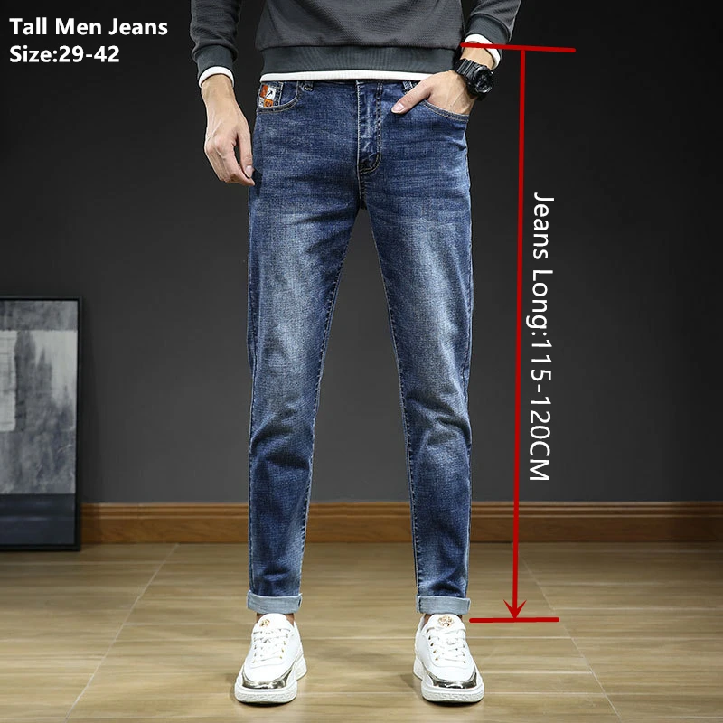 Tall Men Jeans Classic Blue Exra Long Pants 190CM 115CM Spring Autumn Plus Size 38 40 42 Slim Fit Large Boys Stretched Trousers