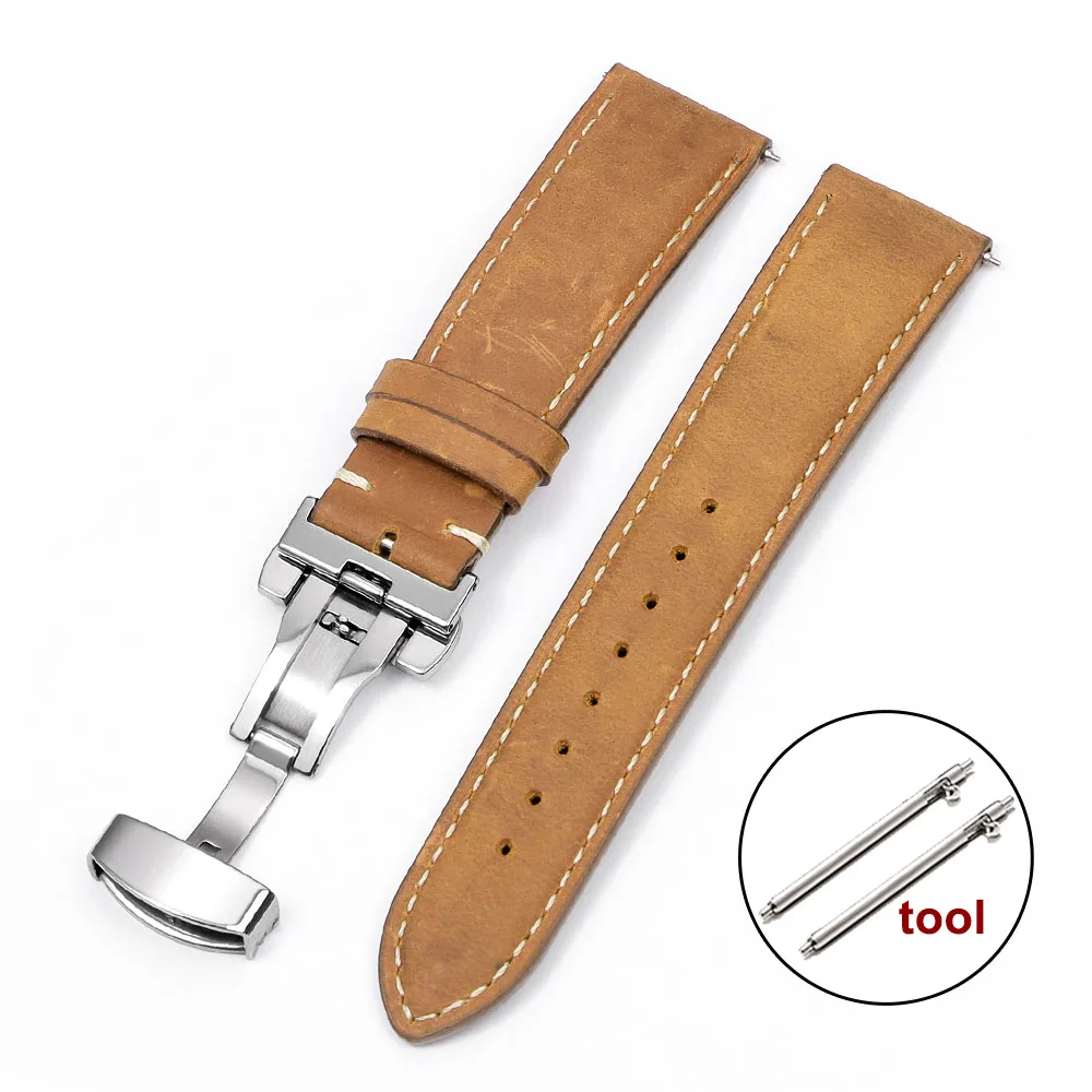 Vintage Cowhide Leather Watch Strap with Butterfly Buckle and Quick Release