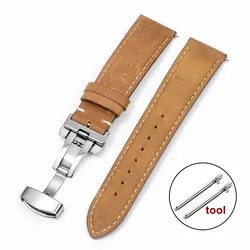 Vintage Cowhide Leather Watch Strap with Butterfly Buckle and Quick Release - 22mm (Yellow Brown)