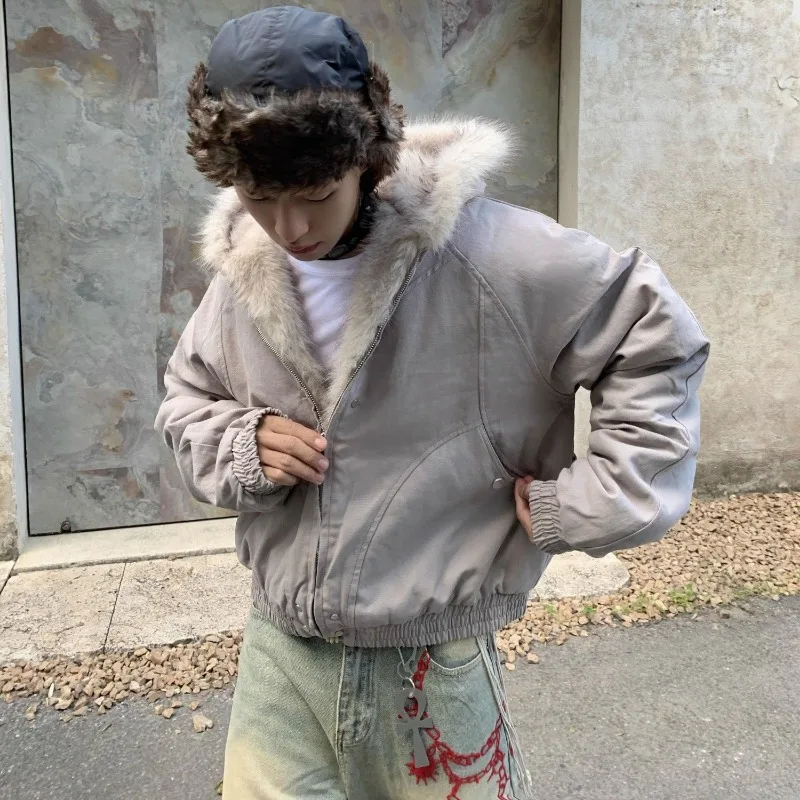 American Fashion Solid Color Fur Collar Cotton Hooded Jacket Men Autumn Winter Street Loose Velvet Thickened Casual Jacket 4