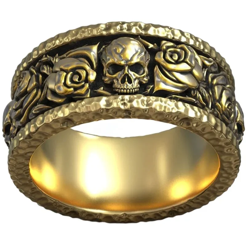 16g Hiphop Forged Roses Skull Pattern Hammered Gold Ring  Customized 925 Solid Sterling Silver Ring Many Sizes 6-12