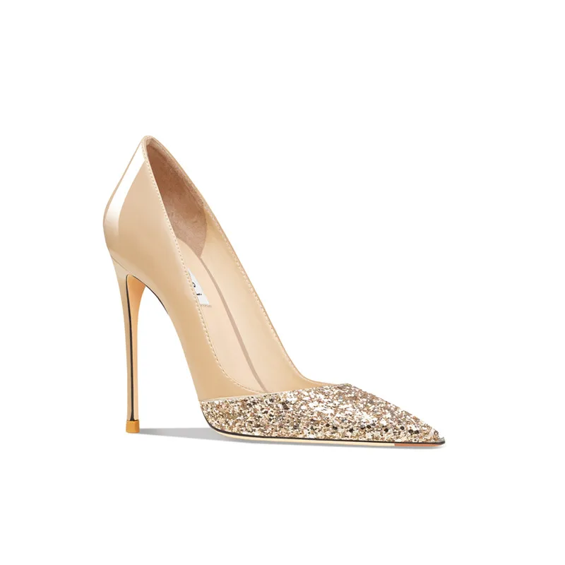Celebrity Elegant Pumps with Sequins Sparkle Nude Bright Patent Leather Sheos with Shallow Pointed Toe Women Dress High Heels